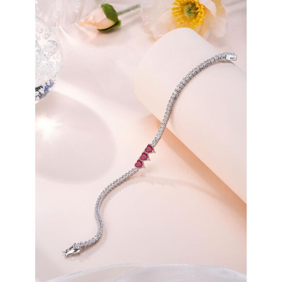 Sterling Silver Heart Tennis Bracelet 7in Ruby Charm Daily Wear - Picture 3 of 4